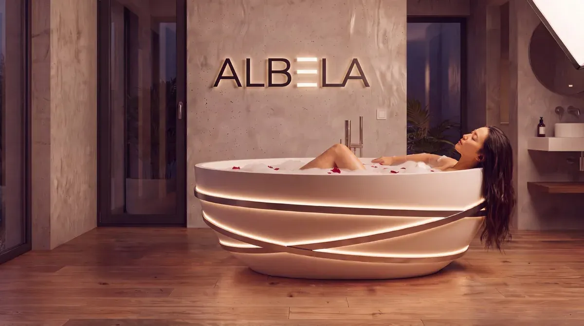 Отдельностоящая ванна ALBELA из акрилового камня с LED-подсветкой по кромке в интерьере ванной комнаты